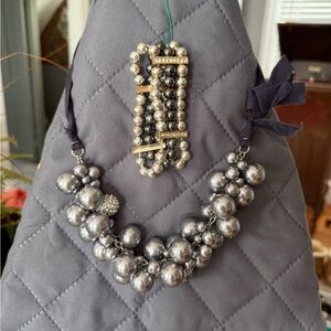 Gray Pearl Cluster Necklace and Silver Tone Bracelet Set